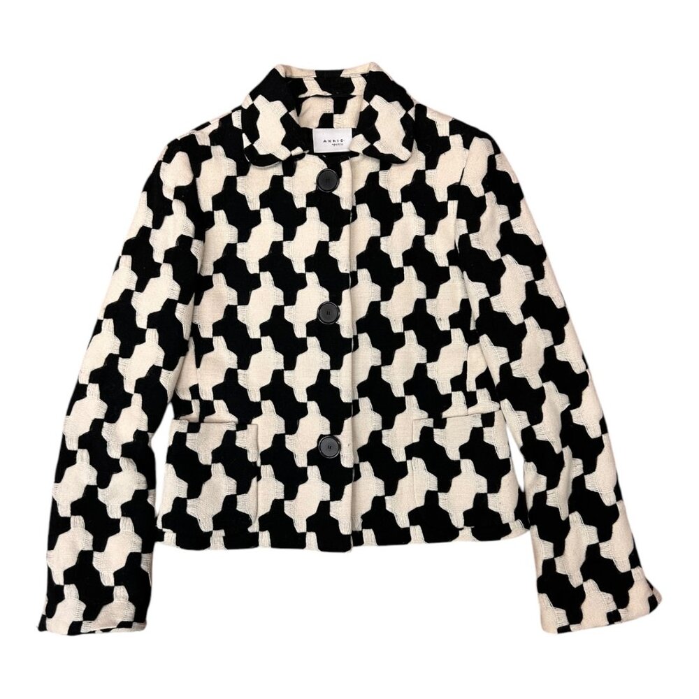 Akris Punto Black and White Houndstooth Wool Blazer Coat
